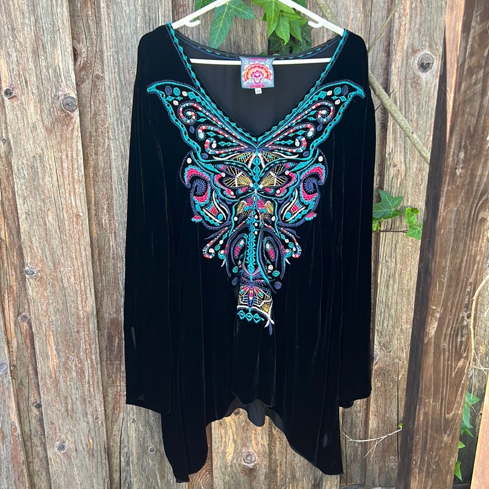 Johnny Was Aurelia Velvet Butterfly Embroidered Blouse